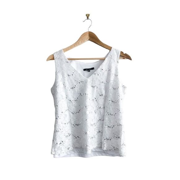 Blu Sage Tank Top V Neck White Women's M Lace Silver Sequins Lined - Picture 1 of 9